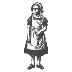 little girl in apron with engraving style black color only