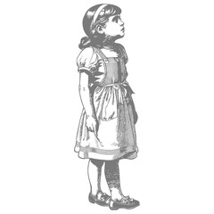 little girl in apron with engraving style black color only