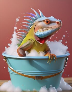 Iguana with headphones in the thub 