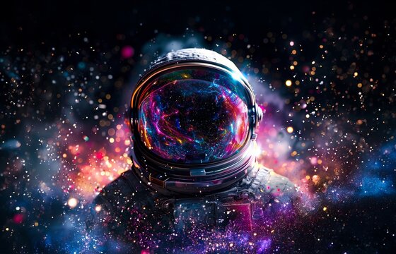 An astronaut helmet, reflecting the swirling galaxies and colorful nebulae of deep space, floats amidst the vast darkness, creating an awe-inspiring cosmic scene.