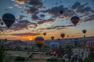 Vibrant hot air balloons gracefully float in picturesque display against stunning sky backdrop