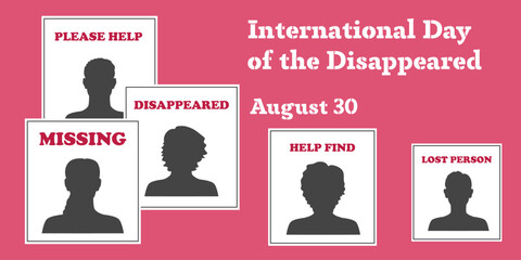 Contrast banner for International Day of Disappeared. Human silhouettes on leaflets on red background. Vector flat illustration