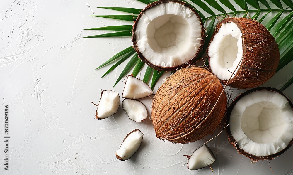 Wall mural coconut, palm leaf on white background flat lay top view summer background, natural organic food.illustration