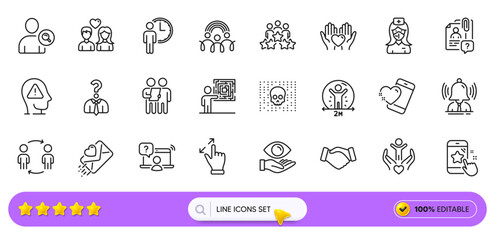Search employee, Social distance and Business meeting line icons for web app. Pack of Star rating, Love letter, Hiring employees pictogram icons. Hold heart, Business skill, Heart signs. Vector