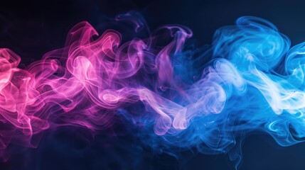 Fototapeta premium Soft-focus photograph capturing the delicate swirls of pink and blue smoke against a solid black background, creating a serene and abstract scene