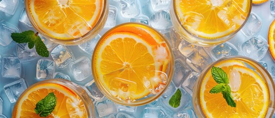 Orange slices and ice cubes with sparkling juice, fresh fruit lemonade with sparkling water and ice cubes summer lemonade orange drink flat lay, top view