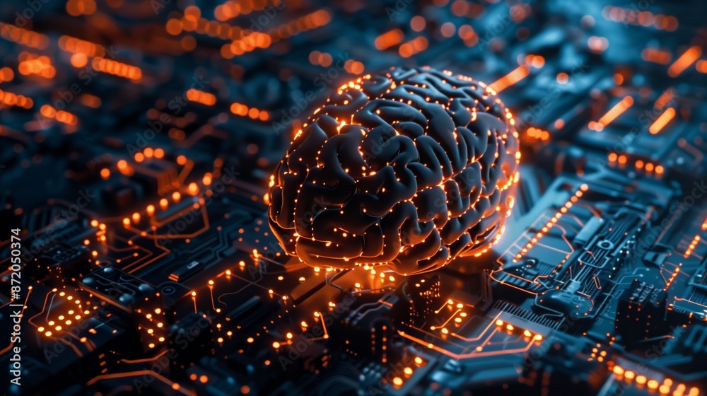 Poster A 3D rendered image of a human brain model with glowing lights on a circuit board background. The image represents artificial intelligence and technology.