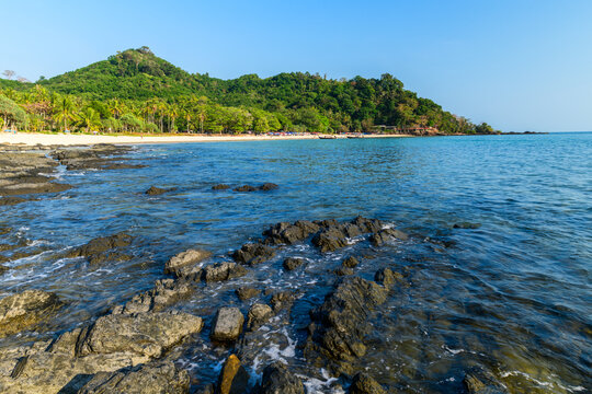 landscape of Farang Beach or Charlie Beach, there are many rock on the sandy beach