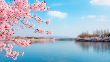 Beautiful cherry blossom branches hanging over a calm lake under a clear blue sky, capturing the essence of spring.
