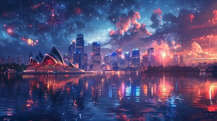 An anime night view of the Sydney Opera House, illuminated by colorful lights under a starry sky, with fireworks in the background, created using deep color palettes, sharp lines, luminous lighting,