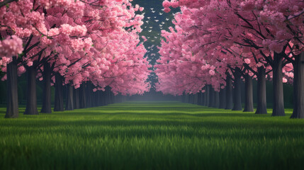 Symmetrical pathway flanked by rows of vibrant cherry blossom trees in full bloom, creating a tranquil and picturesque scene.
