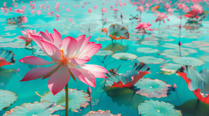 Vibrant pink lotus flowers blooming in a tranquil pond with lily pads and dragonflies, creating a peaceful natural scene.