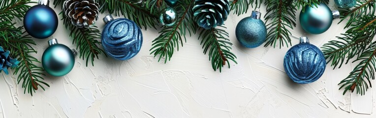 Festive Season: Pine Branches and Blue Ornaments
