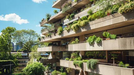 futurist brutalist building, with green plants and trees growing on all levels and terraces, at daytime, real estate and property, eco green city concept