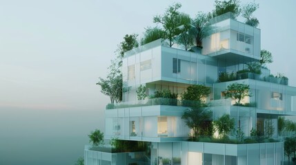 glass cubist building, minimal  futurist, with green plants and trees growing on all levels and terraces, at misty dusk with fog, real estate architectural urban design, eco sustainable city concept
