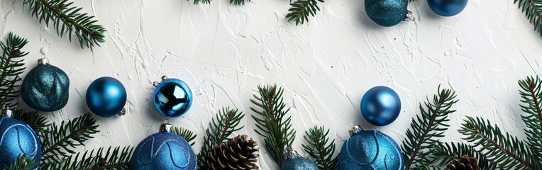 Festive Season: Pine Branches and Blue Ornaments