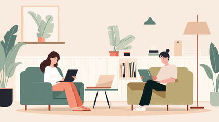 Illustration of family members using laptops and tablets in a cozy living room setting