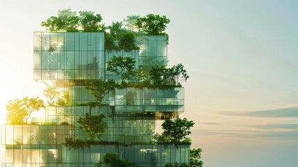 glass cubist building, minimal  futurist, with green plants and trees growing on all levels and terraces, at sunrise or sunset, real estate and architectural urban design, eco sustainable city concept