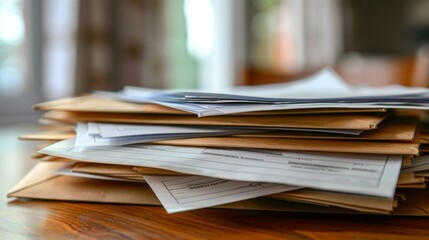 Stack of Papers and Envelopes on Wooden Desk