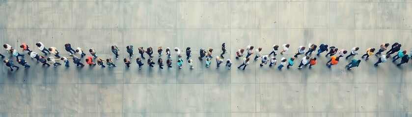 A high-angle view of people standing in a long, winding line, waiting their turn at a polling station.