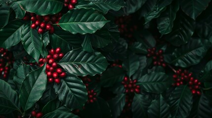 Naklejka premium Close-up of coffee plant leaves and ripe berries