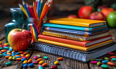 blank notepad, school supplies on wooden table back to school concept.stock image
