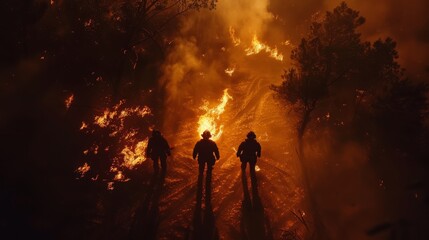 Obraz premium Silhouette of three firemen aerial view from behind with fire in forest as background. First responders at wildfire in action. 