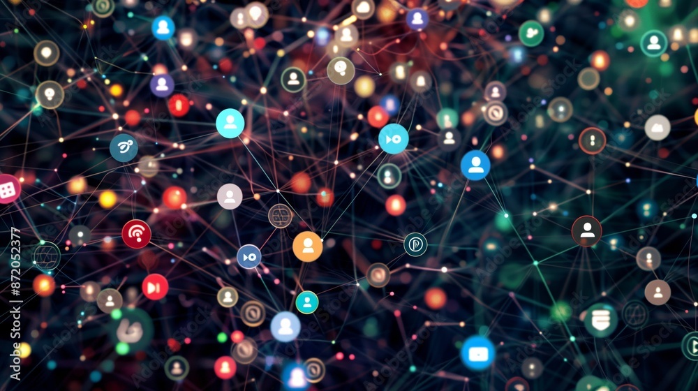 Poster An abstract image depicting a network of interconnected icons, suggesting a complex system of relationships and interactions.