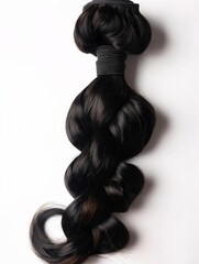 A black hair extension with a long curl.