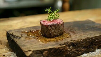 Grilled beef fillet rare and juicy ready to eat on rustic wood. 
