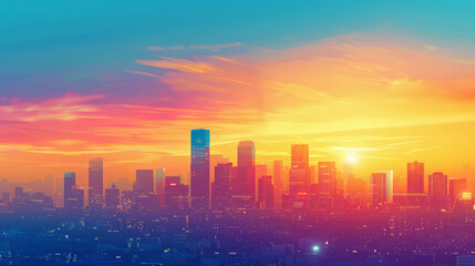 A vibrant city skyline at sunset with ample copy space for text, ideal for stock photos and sale banners.