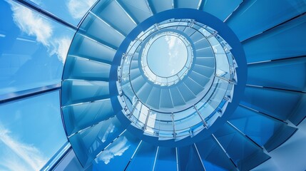 Naklejka premium translucent spiral staircase into the blue sky, dreamy fantasy style, pastel blue white color palette, architectural dream. stairway to heaven.