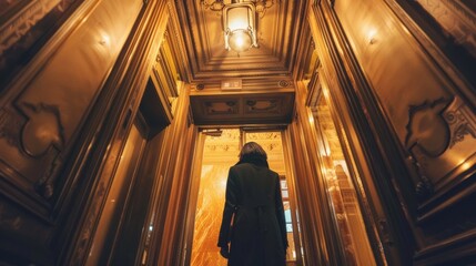 person from behind entering retro vintage elevator in old Parisian building view from above