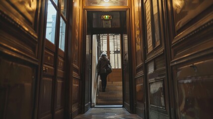 person from behind entering vintage elevator in old Parisian building