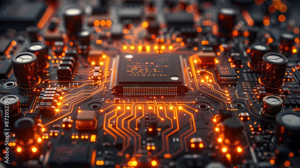 Aufkleber A close-up image of a computer motherboard, showcasing intricate circuitry with glowing orange lights.