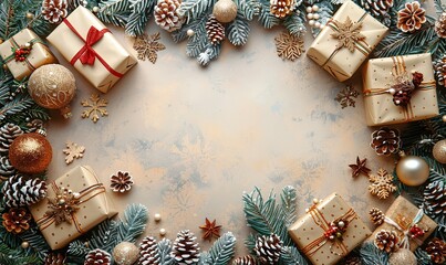 christmas postcard design frame made of elegant christmas decorations gifts snowflakes on pastel beige background merry christmas, happy new year greeting card template.stock photo