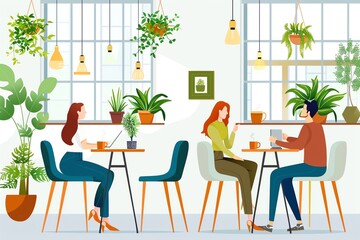 People enjoying coffee and conversation in a cozy, modern cafe filled with plants and natural light.