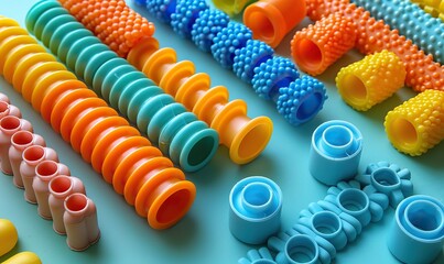 flat lay pop tubes on a green background fine motor skill development through play concept.stock photo
