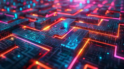 Obraz premium Futuristic Abstract Digital Backgrounds: High-Tech Cyber Network with Neon Glows and Circuit Patterns for Innovative and Technological Projects