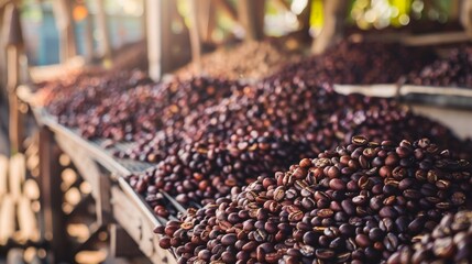 Dried coffee beans in a large pile, ready for roasting