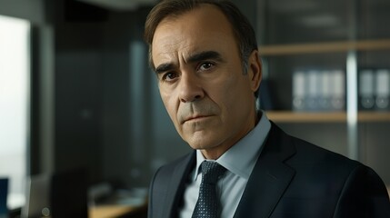Fototapeta premium Hispanic Businessman in Suit Standing in Office, Serious Expression