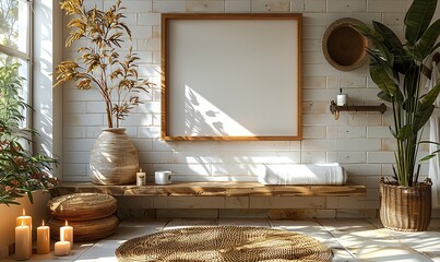 blank picture frame mockup rattan tray, cup of coffee vase of dried flowers candles brick tiles wall on background modern scandinavian style interior.stock photo