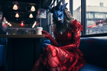 Fototapeta premium a Demon woman in red dress holding a coffee cup next to a window