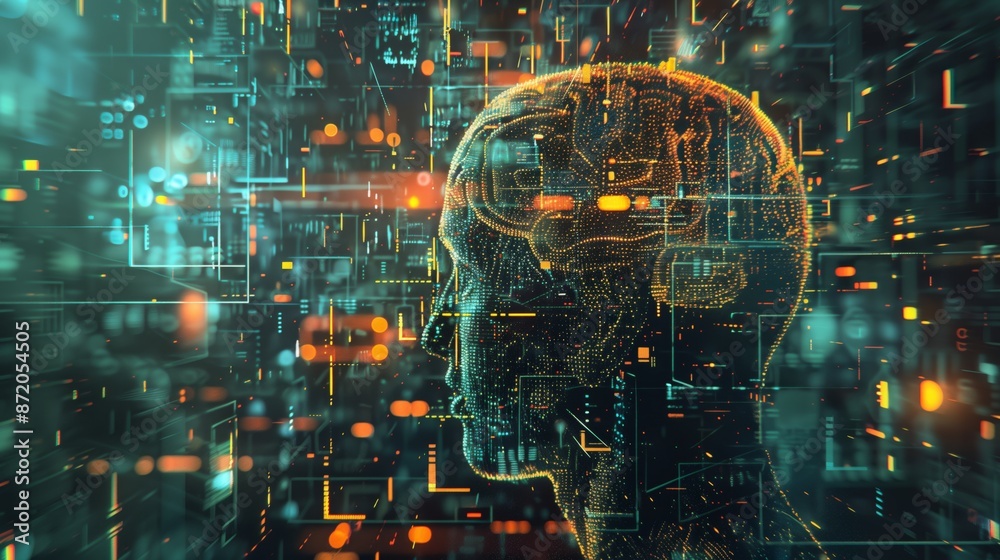 Poster A digital rendering of a human head made of glowing circuits and data streams, representing the intersection of technology and consciousness.