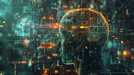 A digital rendering of a human head made of glowing circuits and data streams, representing the intersection of technology and consciousness.