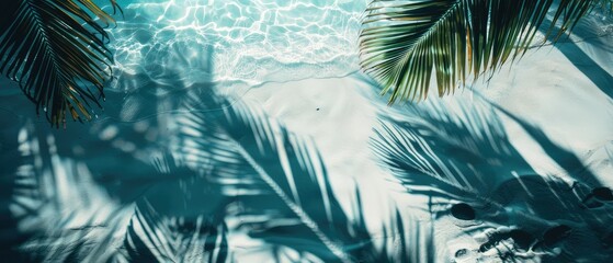 Beautiful abstract background concept banner for summer vacation at the beach top view of water surface with tropical leaf shadow