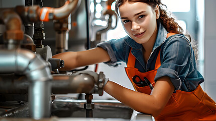 Woman plumber working near metal pipes indoor, female professional occupation