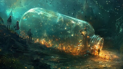 Obraz premium Sunlight splashes across a green meadow under a clear blue summer sky. Magical landscape with garden in bottle