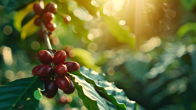 Close-up of coffee beans on a branch, bathed in sunlight