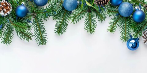 Festive Season: Pine Branches and Blue Ornaments